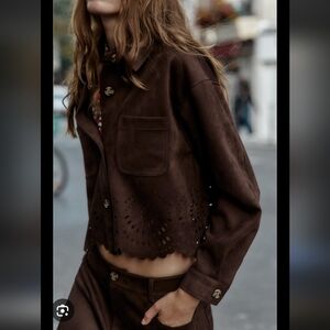 Brown Suede Laser-Cut Cropped Jacket - Women